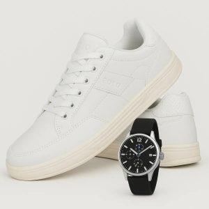 Sapatenis Couro Sintético Tenis Masculino Basico Kit Relogio