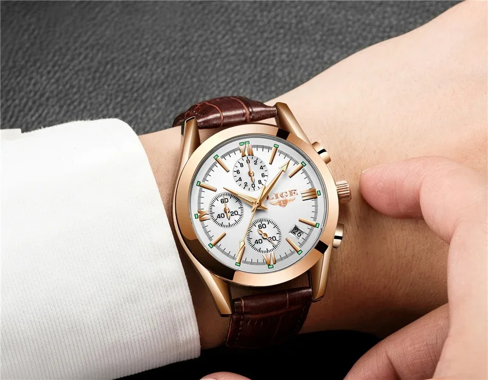 Relógio LIGE Esportivo Masculino – Pulseira de Couro Original – Relógio Quartz para Negócios e Moda – Cronógrafo à Prova d'Água - Imagem 20