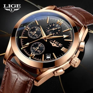 Relógio LIGE Esportivo Masculino – Pulseira de Couro Original – Relógio Quartz para Negócios e Moda – Cronógrafo à Prova d'Água
