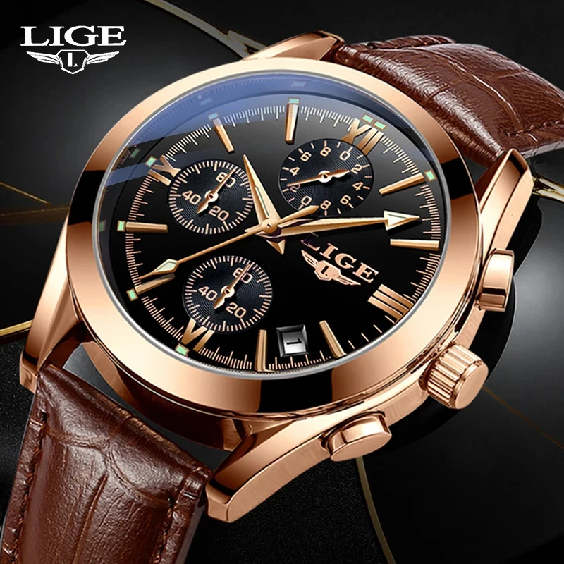 Relógio LIGE Esportivo Masculino – Pulseira de Couro Original – Relógio Quartz para Negócios e Moda – Cronógrafo à Prova d'Água