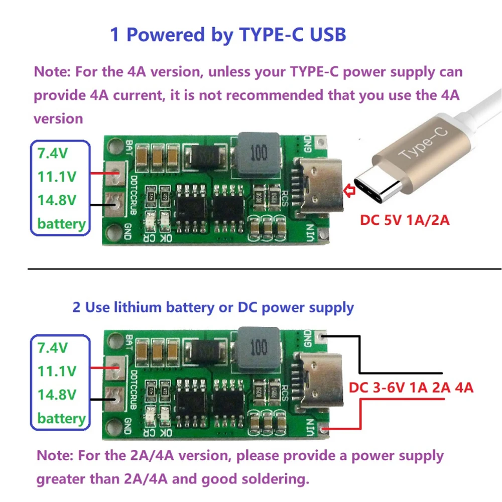 Type C BMS 2S 3S 4S 1A 2A 4A 18650 Lithium Battery Charger Board USB C Step-up Boost Module For Li-Po Polymer Power Bank - Imagem 3