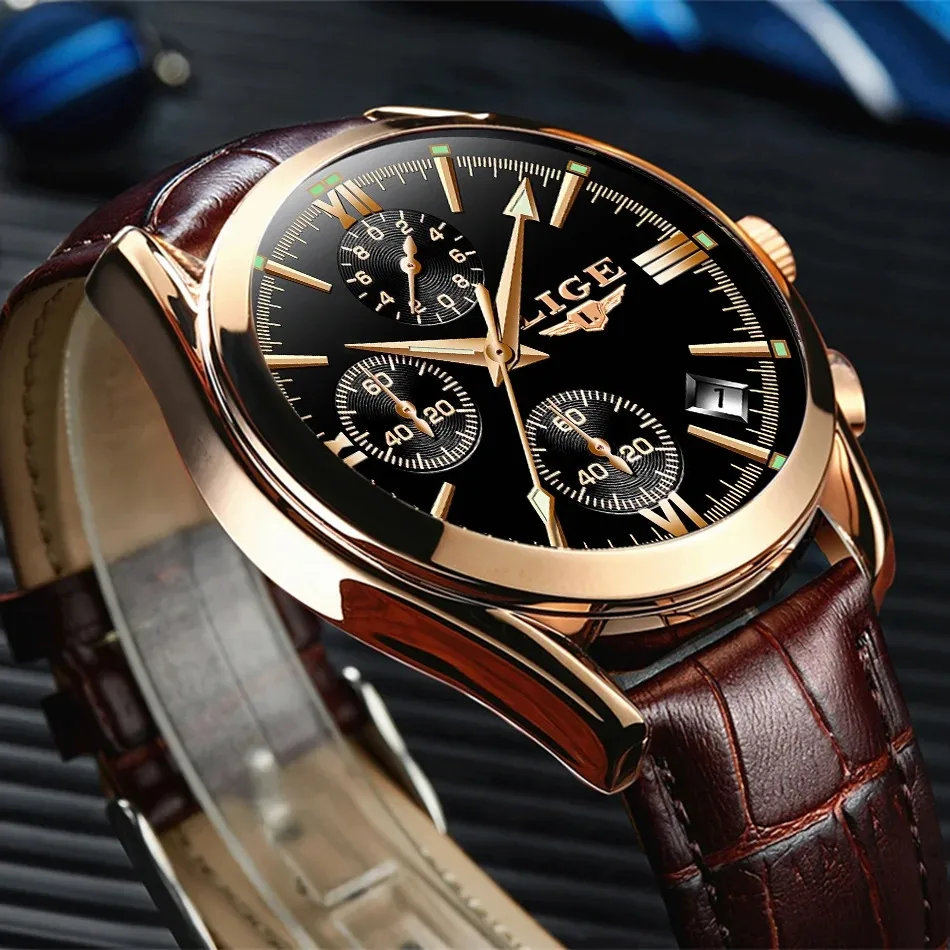 Relógio LIGE Esportivo Masculino – Pulseira de Couro Original – Relógio Quartz para Negócios e Moda – Cronógrafo à Prova d'Água - Imagem 12