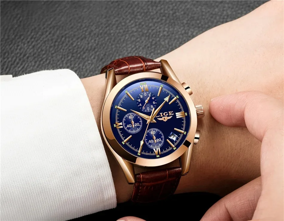 Relógio LIGE Esportivo Masculino – Pulseira de Couro Original – Relógio Quartz para Negócios e Moda – Cronógrafo à Prova d'Água - Imagem 22