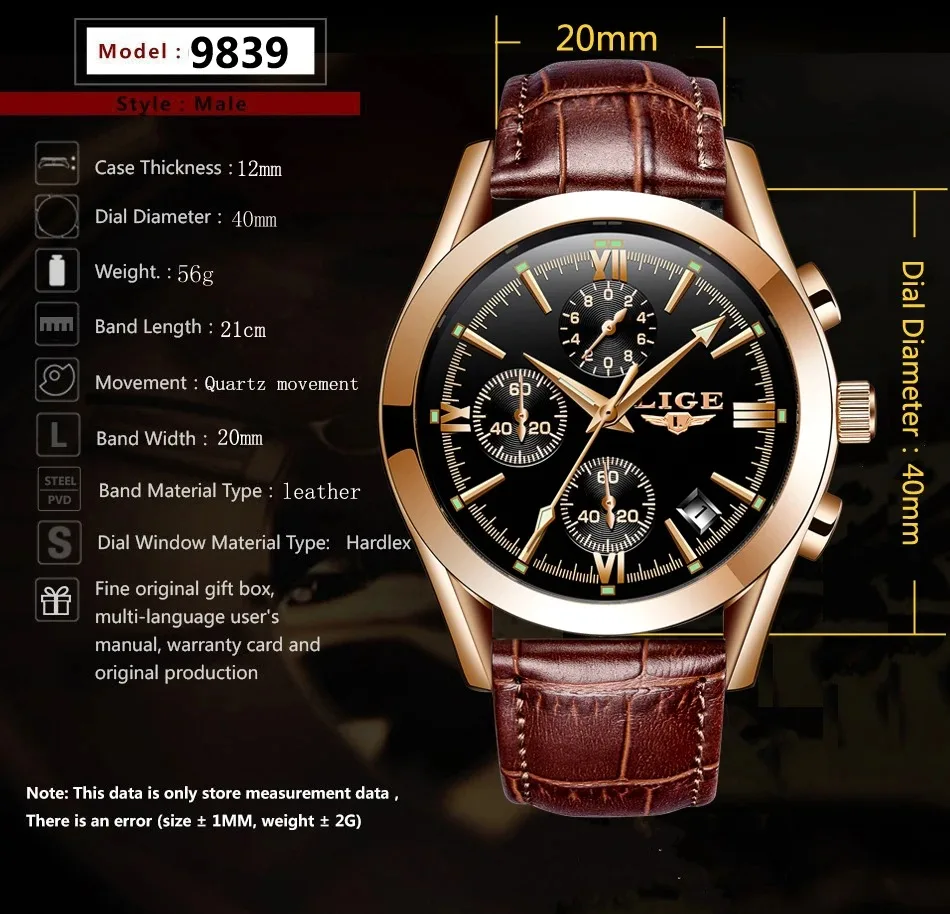 Relógio LIGE Esportivo Masculino – Pulseira de Couro Original – Relógio Quartz para Negócios e Moda – Cronógrafo à Prova d'Água - Imagem 13