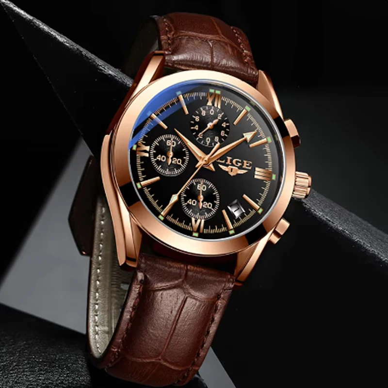 Relógio LIGE Esportivo Masculino – Pulseira de Couro Original – Relógio Quartz para Negócios e Moda – Cronógrafo à Prova d'Água - Imagem 3