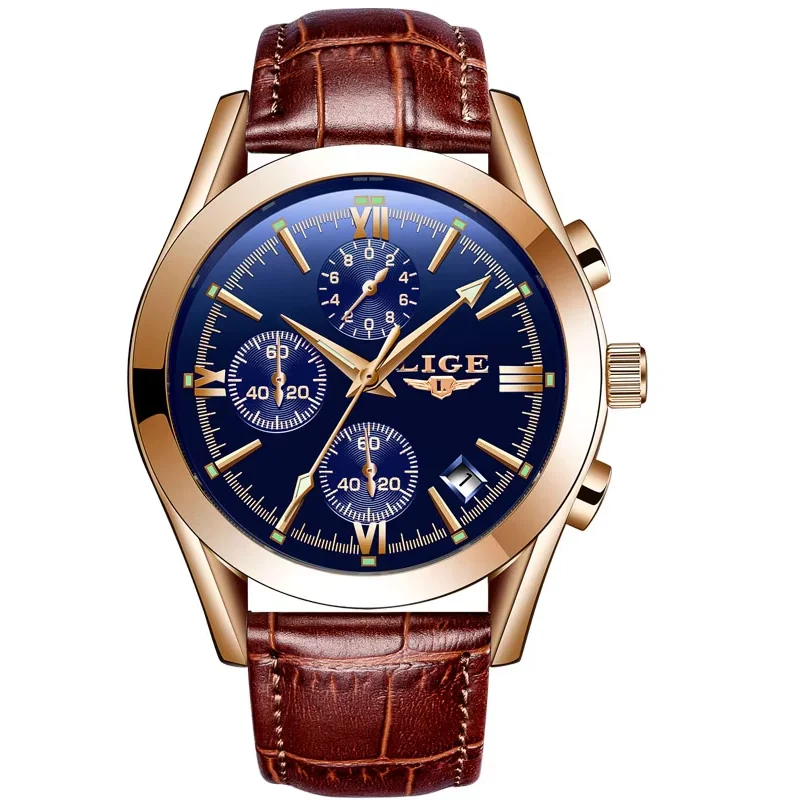 Relógio LIGE Esportivo Masculino – Pulseira de Couro Original – Relógio Quartz para Negócios e Moda – Cronógrafo à Prova d'Água - Imagem 8