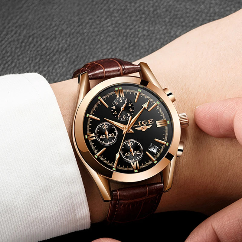 Relógio LIGE Esportivo Masculino – Pulseira de Couro Original – Relógio Quartz para Negócios e Moda – Cronógrafo à Prova d'Água - Imagem 5