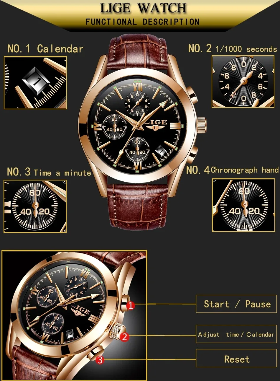 Relógio LIGE Esportivo Masculino – Pulseira de Couro Original – Relógio Quartz para Negócios e Moda – Cronógrafo à Prova d'Água - Imagem 14