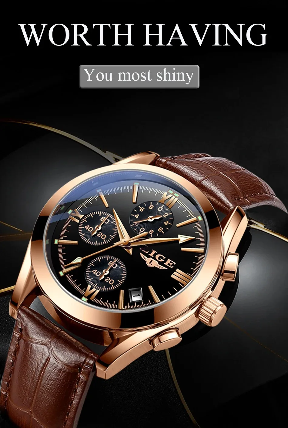 Relógio LIGE Esportivo Masculino – Pulseira de Couro Original – Relógio Quartz para Negócios e Moda – Cronógrafo à Prova d'Água - Imagem 11