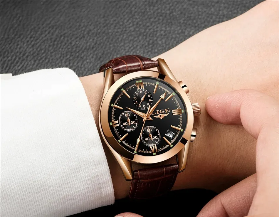 Relógio LIGE Esportivo Masculino – Pulseira de Couro Original – Relógio Quartz para Negócios e Moda – Cronógrafo à Prova d'Água - Imagem 18