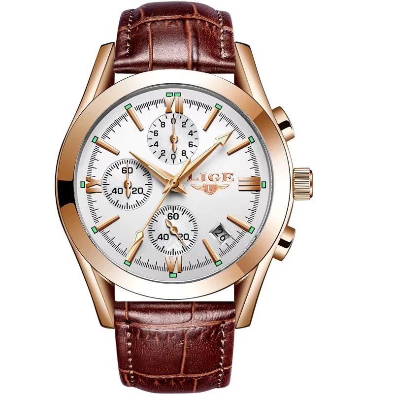 Relógio LIGE Esportivo Masculino – Pulseira de Couro Original – Relógio Quartz para Negócios e Moda – Cronógrafo à Prova d'Água - Imagem 7