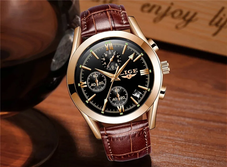 Relógio LIGE Esportivo Masculino – Pulseira de Couro Original – Relógio Quartz para Negócios e Moda – Cronógrafo à Prova d'Água - Imagem 17