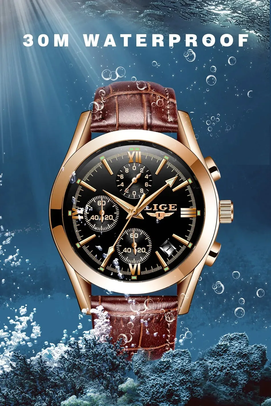 Relógio LIGE Esportivo Masculino – Pulseira de Couro Original – Relógio Quartz para Negócios e Moda – Cronógrafo à Prova d'Água - Imagem 16