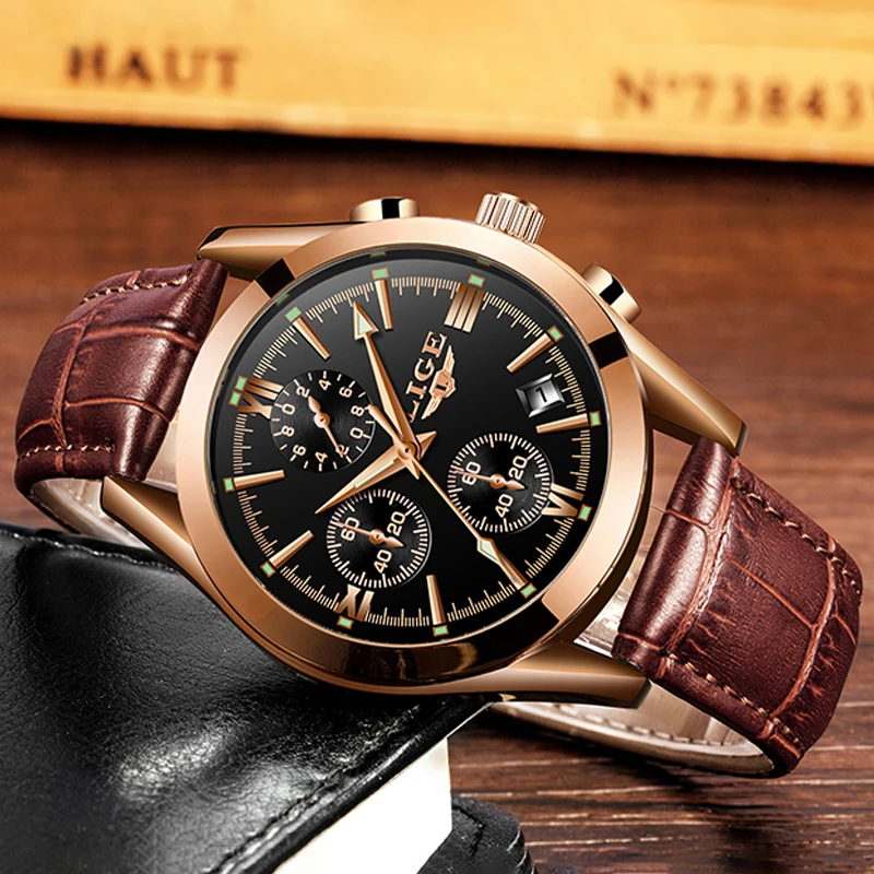 Relógio LIGE Esportivo Masculino – Pulseira de Couro Original – Relógio Quartz para Negócios e Moda – Cronógrafo à Prova d'Água - Imagem 2