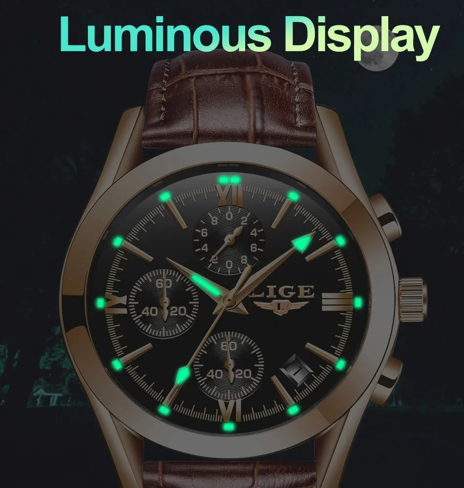 Relógio LIGE Esportivo Masculino – Pulseira de Couro Original – Relógio Quartz para Negócios e Moda – Cronógrafo à Prova d'Água - Imagem 15