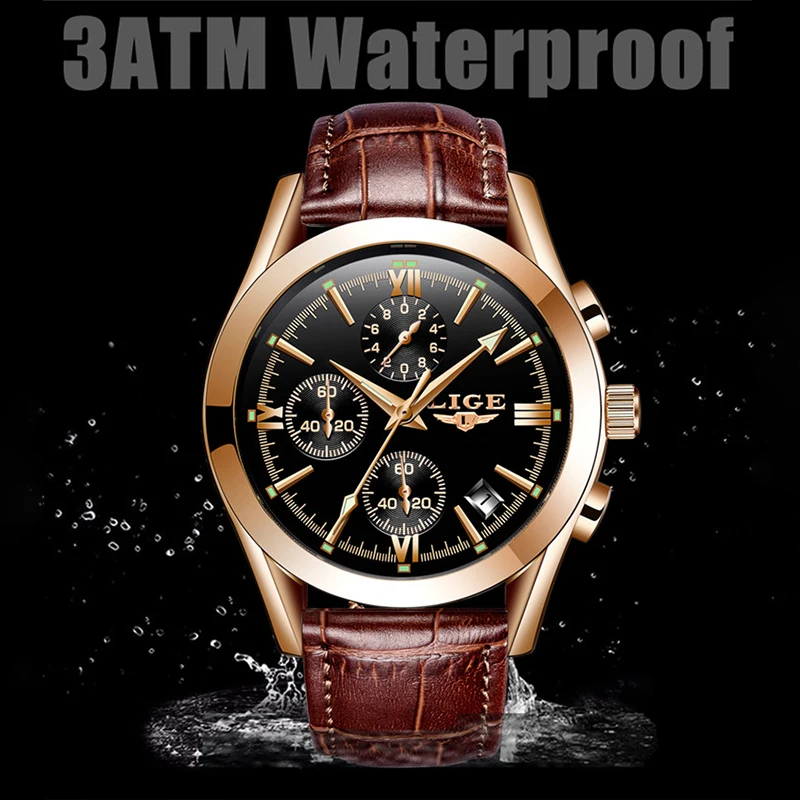 Relógio LIGE Esportivo Masculino – Pulseira de Couro Original – Relógio Quartz para Negócios e Moda – Cronógrafo à Prova d'Água - Imagem 4