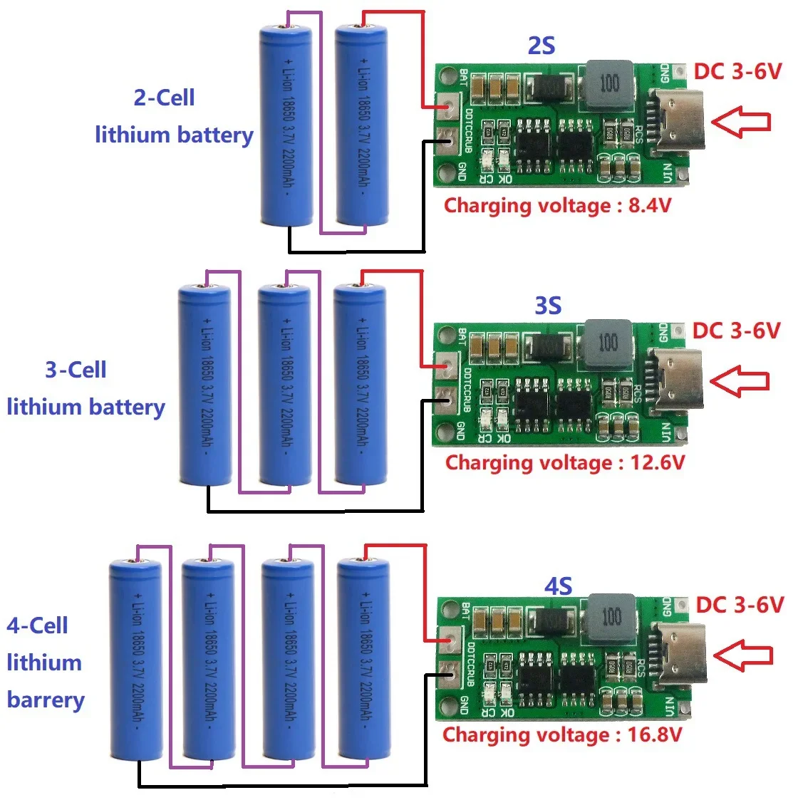 Type C BMS 2S 3S 4S 1A 2A 4A 18650 Lithium Battery Charger Board USB C Step-up Boost Module For Li-Po Polymer Power Bank - Imagem 16