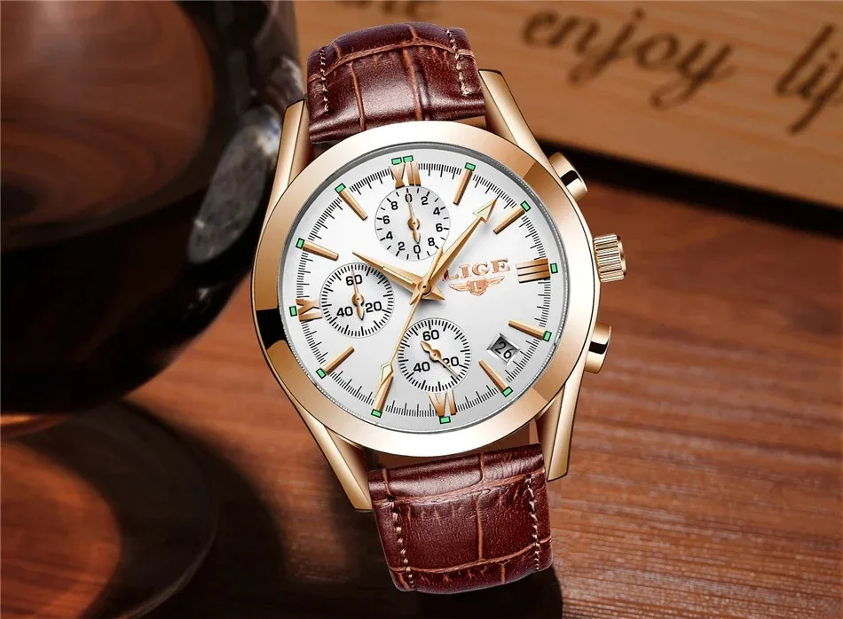 Relógio LIGE Esportivo Masculino – Pulseira de Couro Original – Relógio Quartz para Negócios e Moda – Cronógrafo à Prova d'Água - Imagem 19