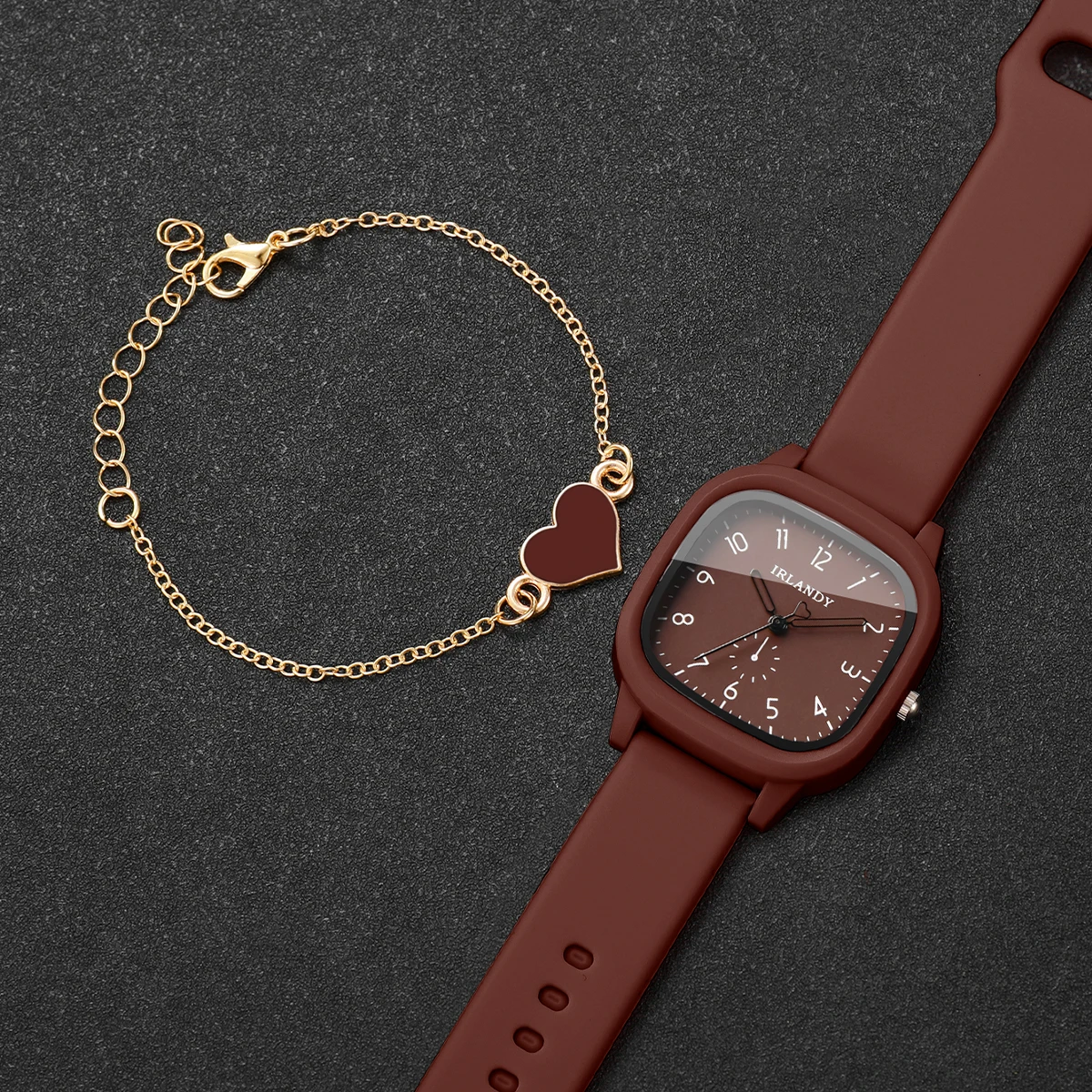 Conjunto 2 Peças Relógio Feminino Quadrado Quartz com Pulseira de Silicone + Pulseira Coração - Sem Caixa - Imagem 3